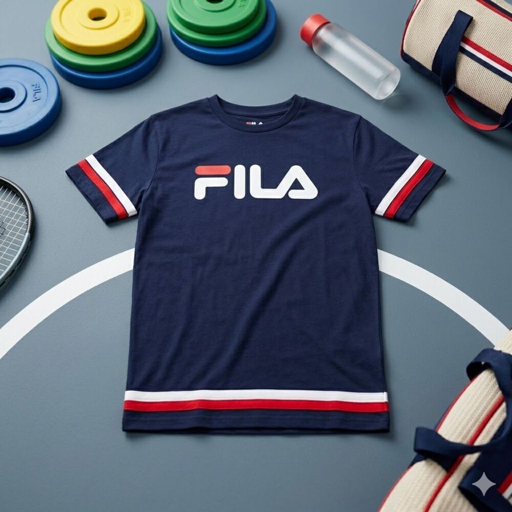 Fila Logo T-Shirt Men's Small Navy Blue Red White Striped Athletic Tee Cotton